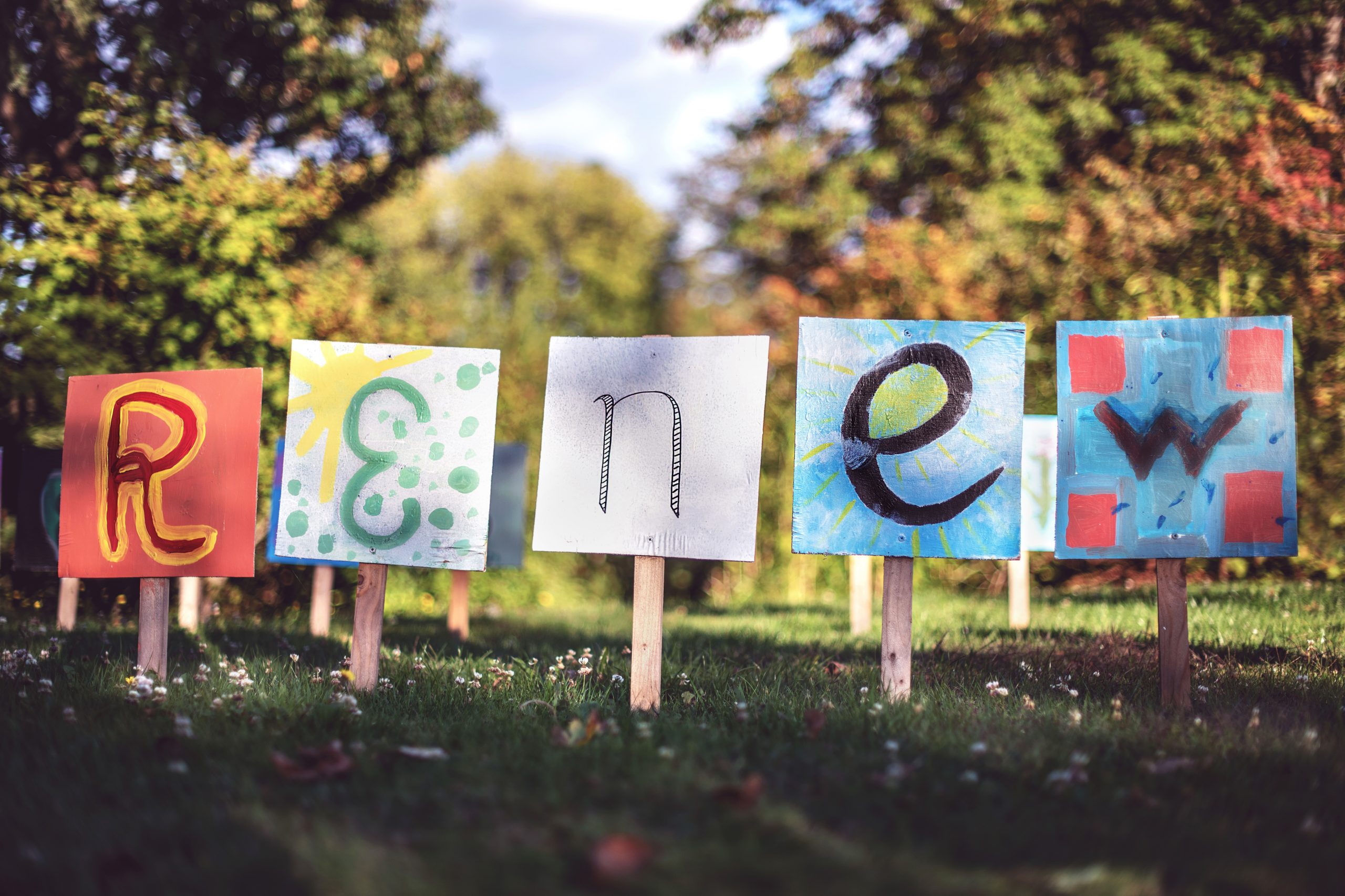 painted signs spelling renew