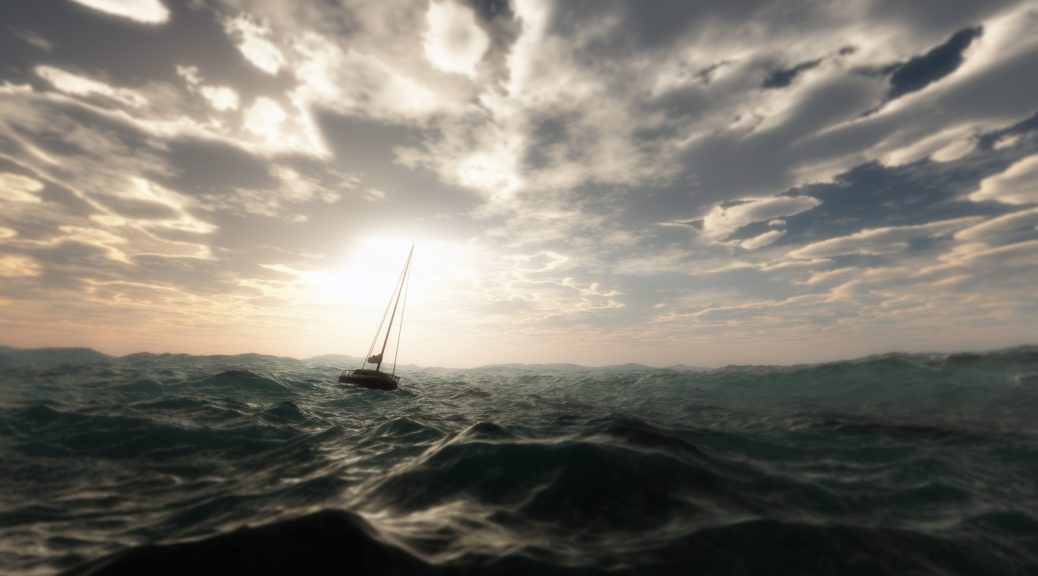 Lost sailing boat in wild stormy ocean. Cloudy sky.